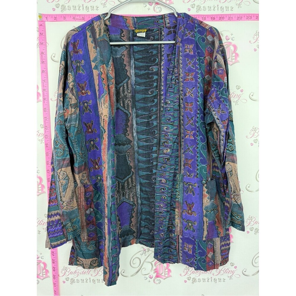 Fengy vintage Colorful Geometric Patchwork Open Cardigan - Purple Teal Multi